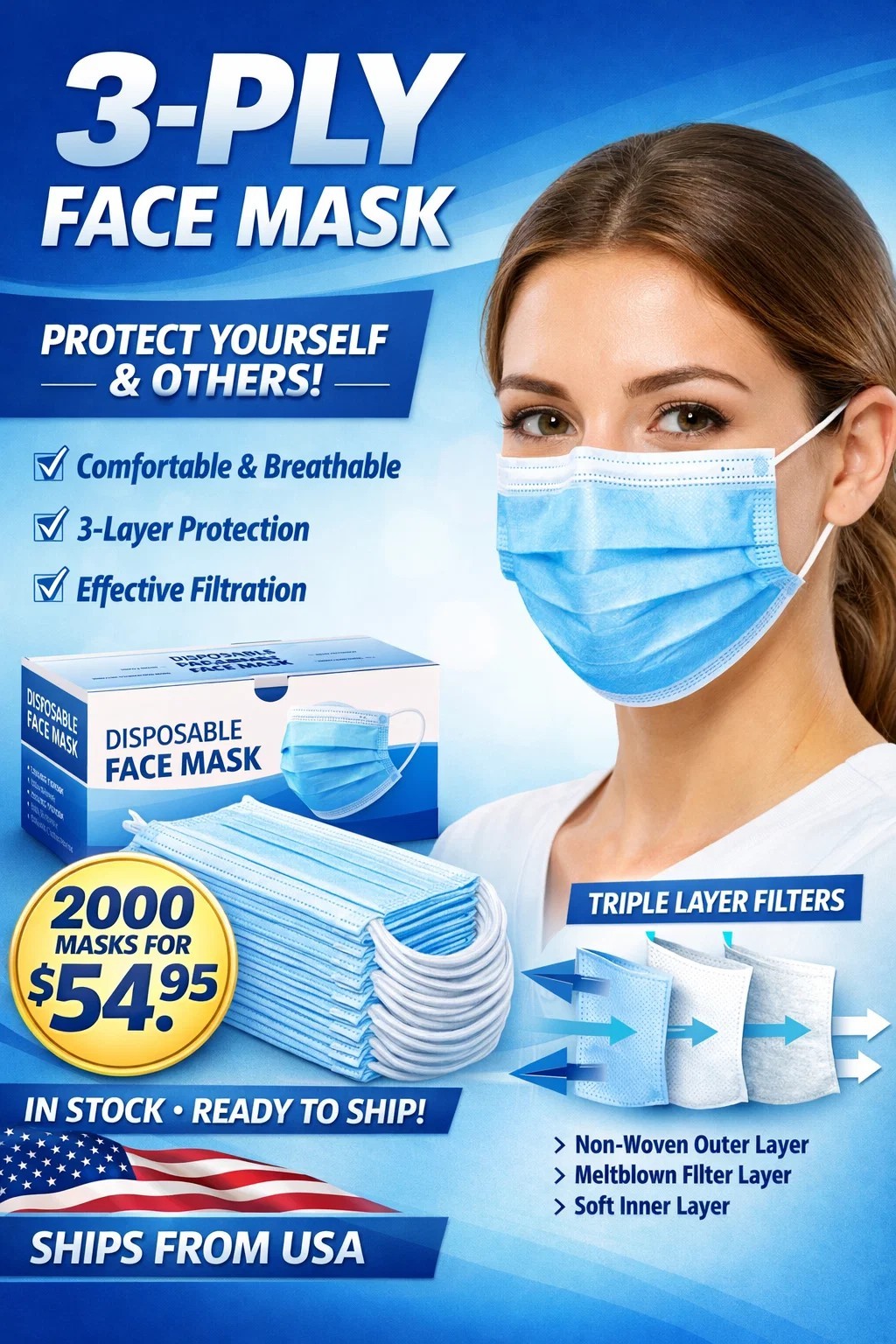 2000 Mask 3-Ply Adult Disposable Face Masks Earloop Breathable Bulk Case