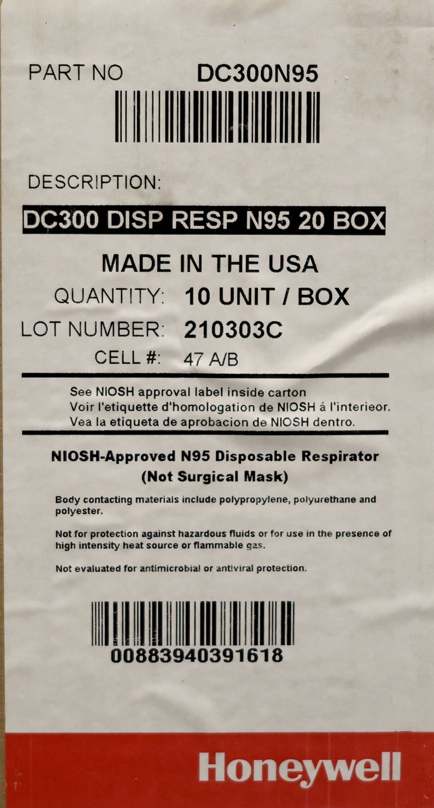 Honeywell DC300N95 N95 Particulate Respirators Masks New 200/Case