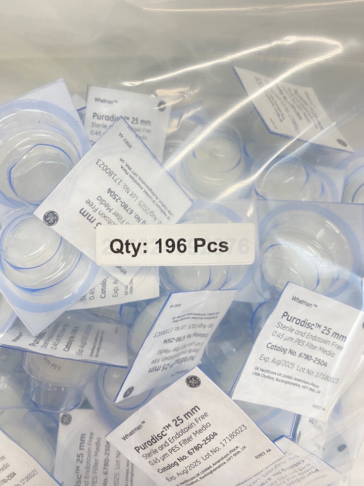 (196 Pcs) WHATMAN Puradisc 25mm Disposable 0.45um PES Syringe Filters 6780-2504