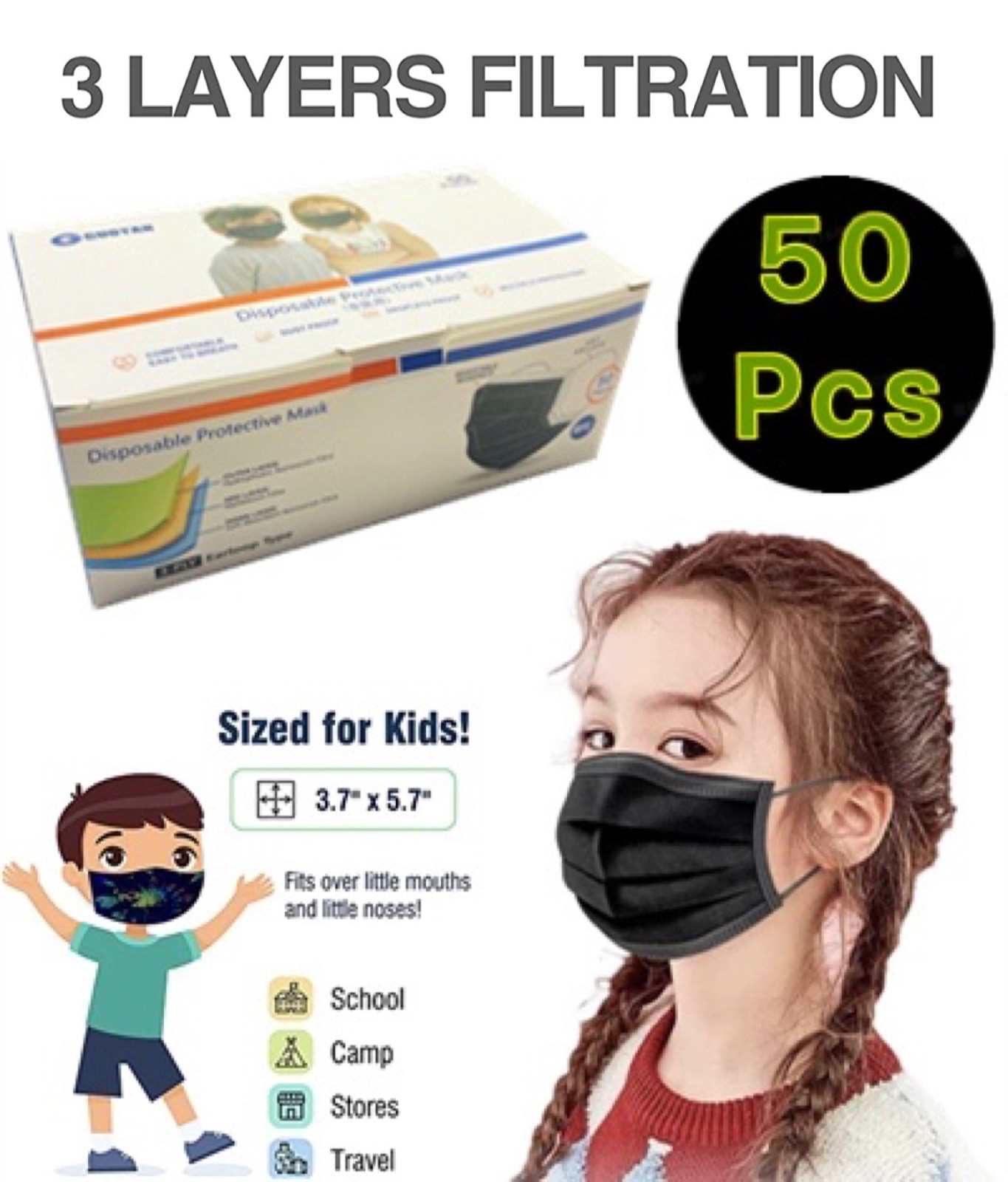 50-PCS Kids Children 3-Ply Disposable Black Face Mask Earloop Mouth Cover