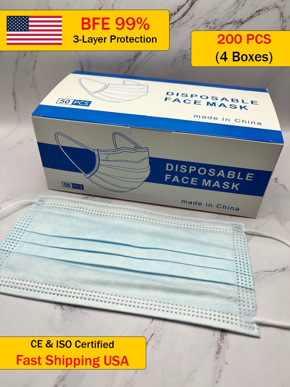 ✅ 200 PCS (4 Boxes) 3-Ply Disposable Face Masks – BFE 99% Protection | CE & ISO