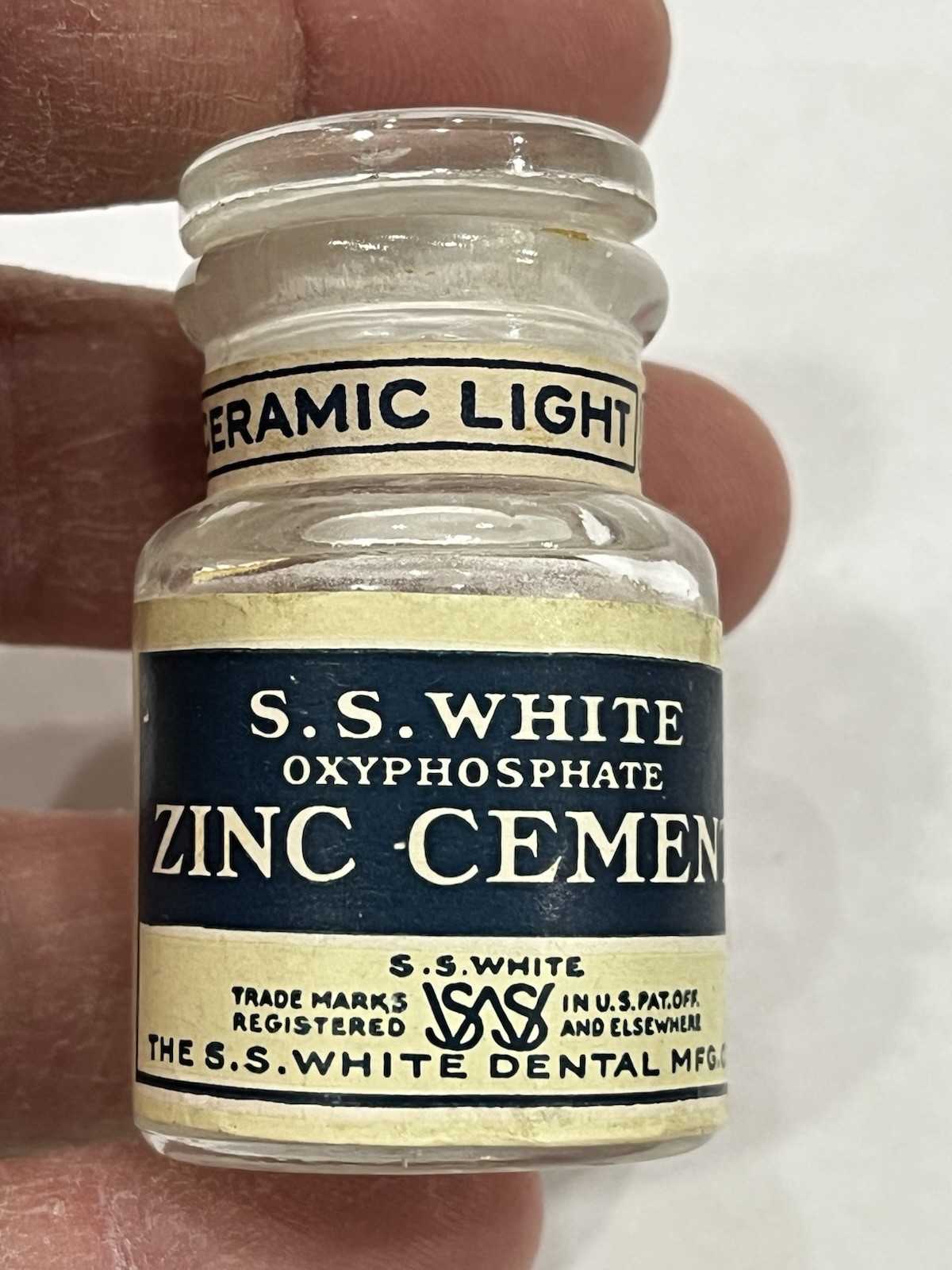 S.S. White “Zinc Cement Ceramic Light” Dental Glass Stopper Bottle