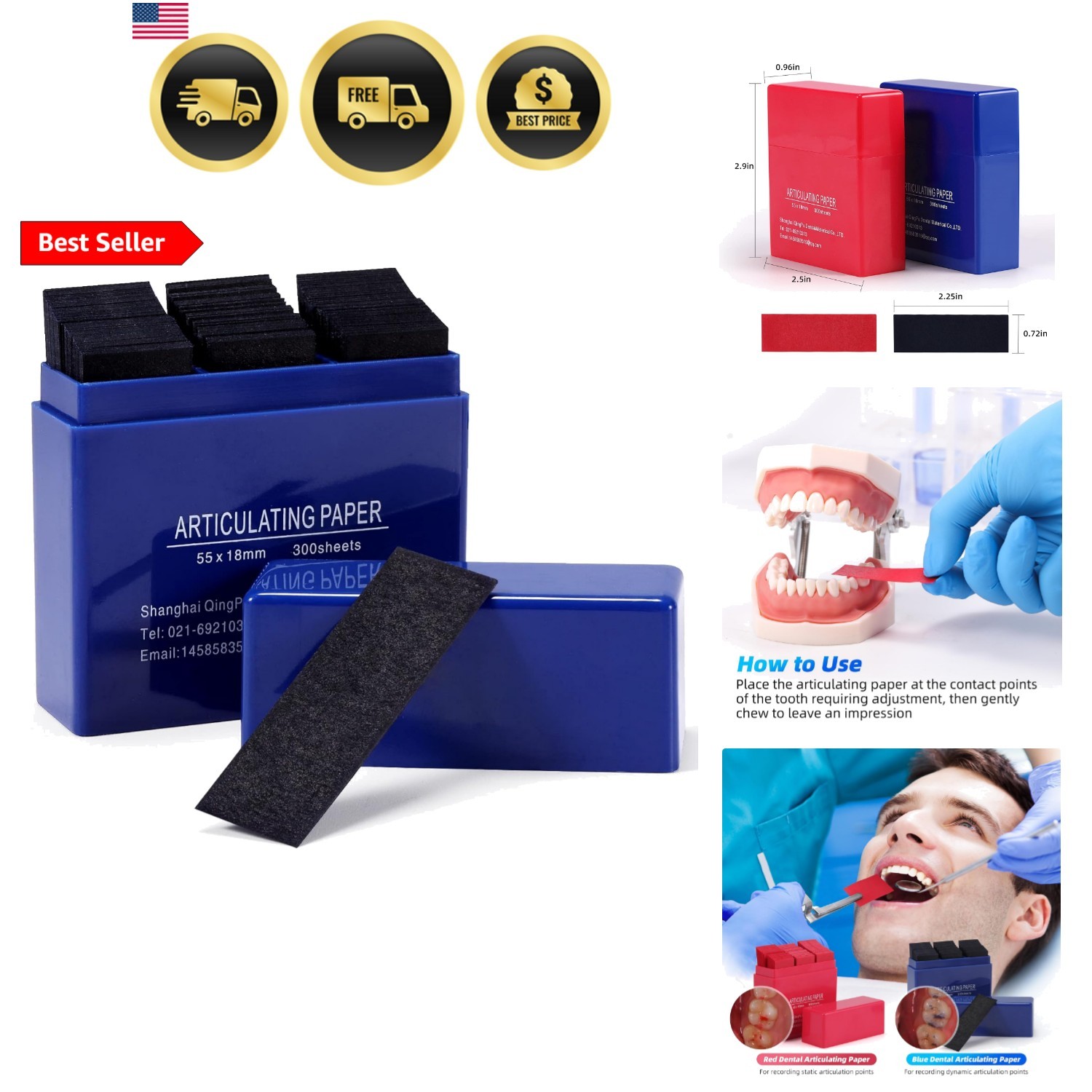 Dental Articulating Paper 300 PCS, Plastic Dispenser Blue 100 Micron Bite Art…