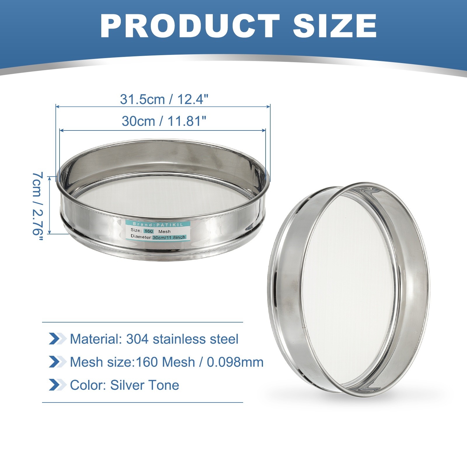 160 Mesh Lab Sieve, 11.8″ Diameter Test Sieve 304 Stainless Steel(0.098mm)