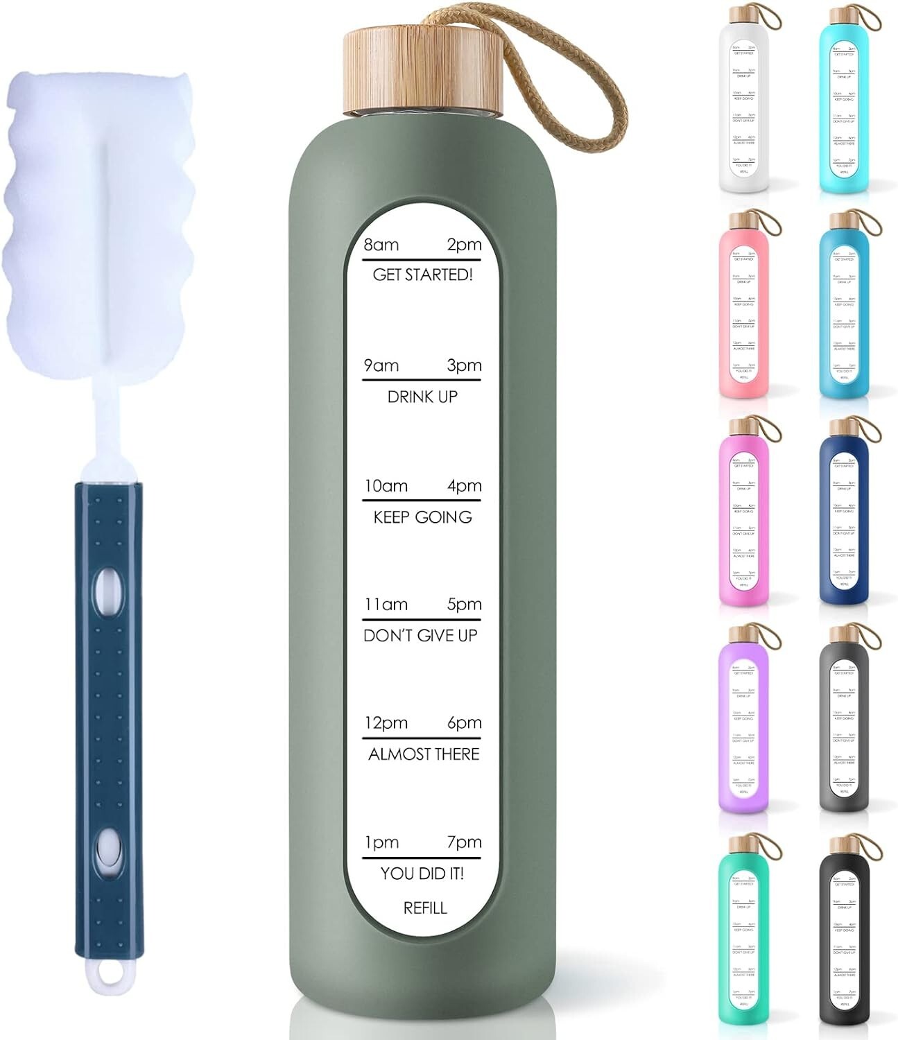 Eco-Friendly 32 Oz Glass Water Bottle with Time Markers & Silicon Sleeve – Olive