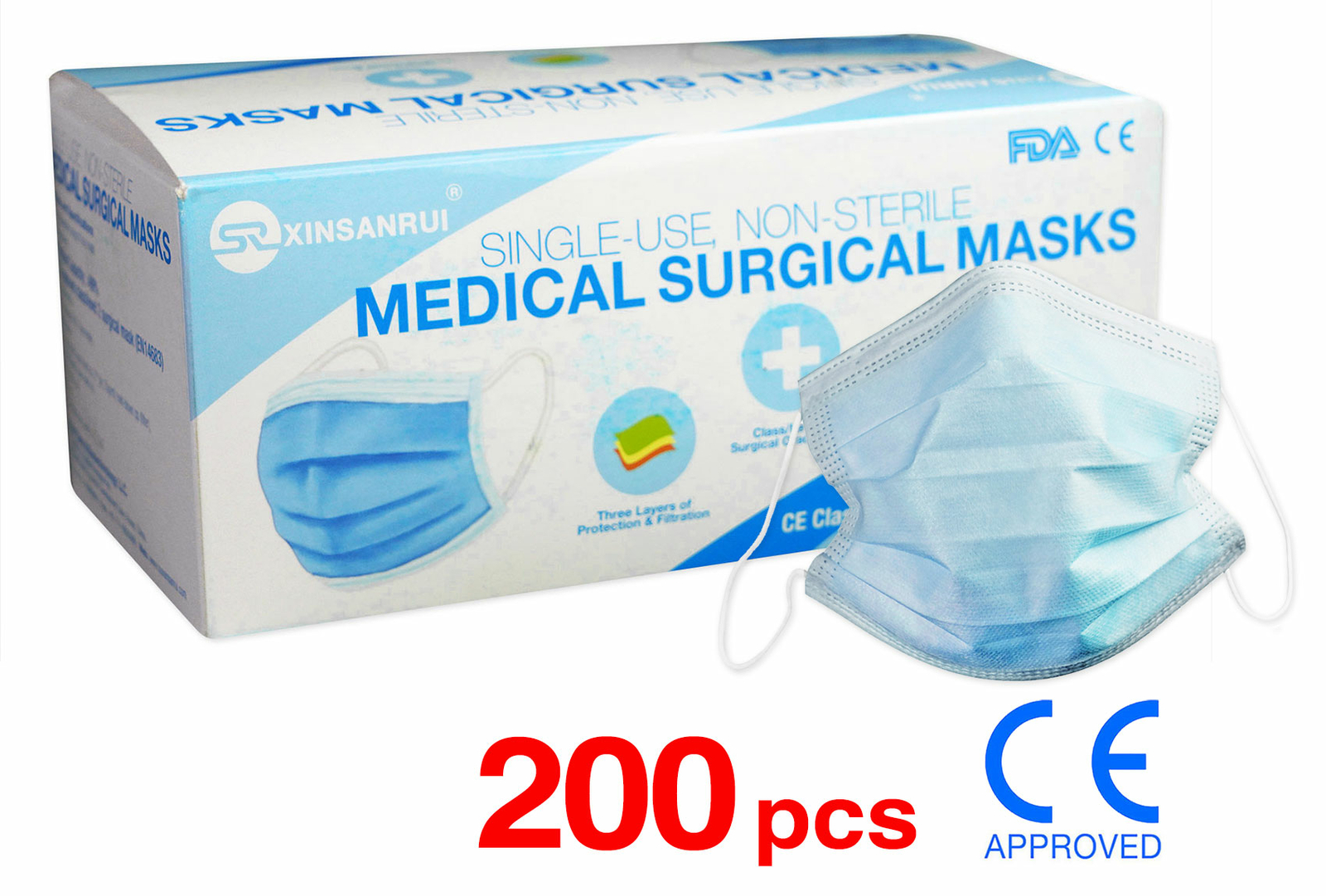 200 Pack CE Approved Class/Level 2 Surgical Disposable Face Mask/3-Ply 98% BFE