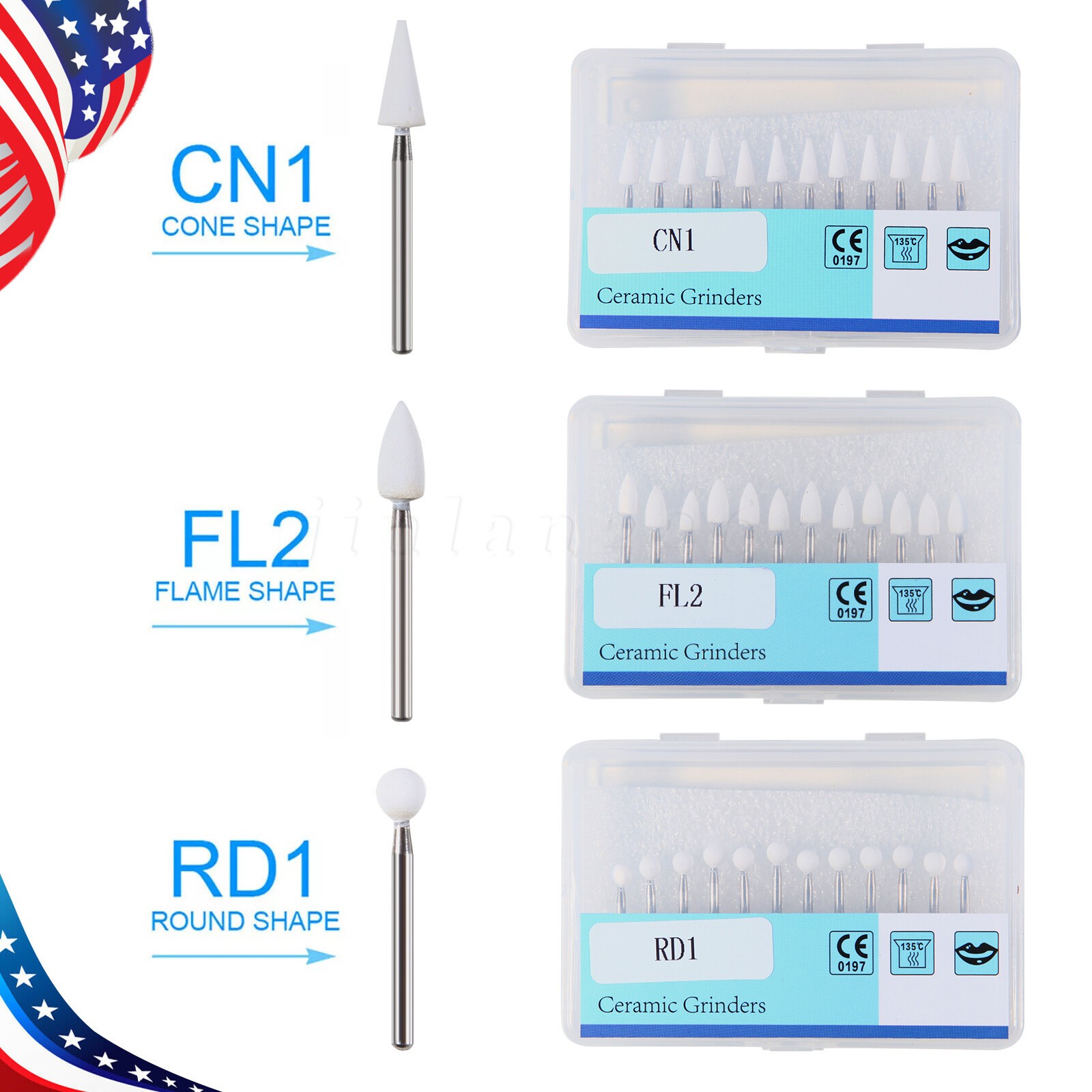 SANDENT Dental Flame Mounted White Stone Polishing Burs FG Abrasion Point Bur