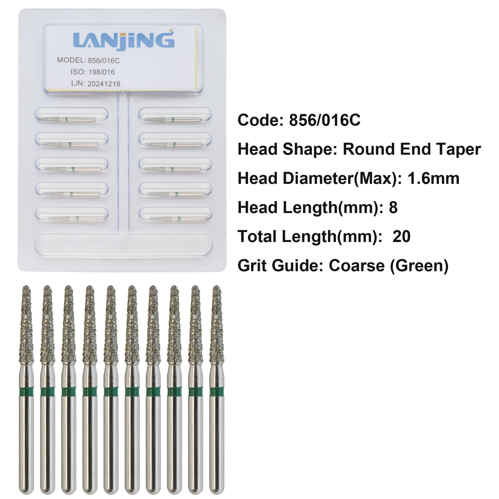 Dental Diamond Burs FG 856/016C Round End Taper High Speed Bur Coarse Grit Green