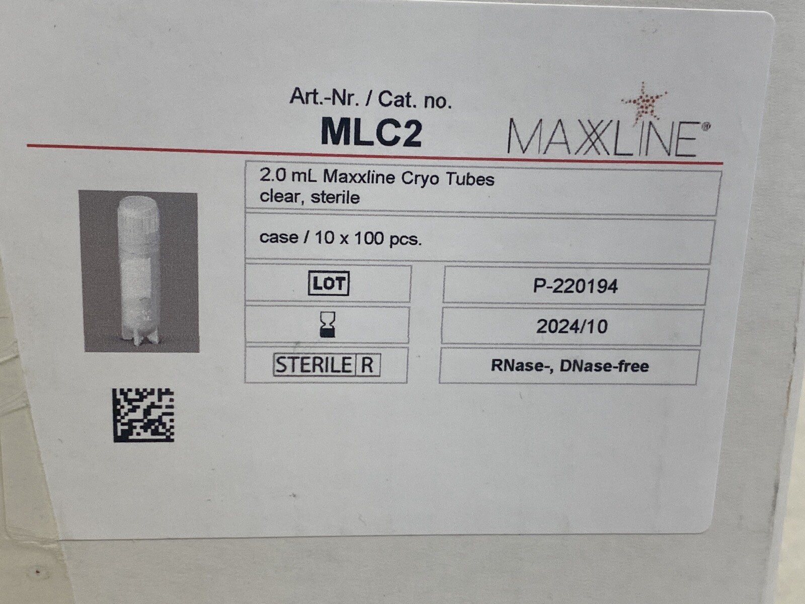 (1000) MAXXLINE 2mL PP External Thread Cyrogenic Vials w/ Screw Caps MLC2