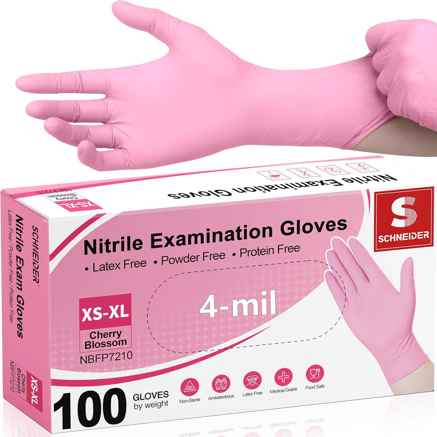 Schneider Pink Nitrile Exam Gloves Medium 100CT Latex Free Powder Free Food Safe