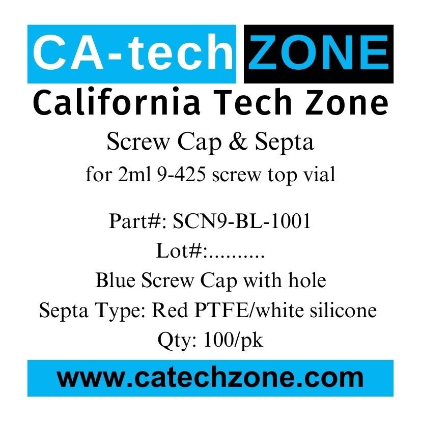 Red PTFE/white silicone septa & Blue screw cap with hole, for 2ml 9-425 vial