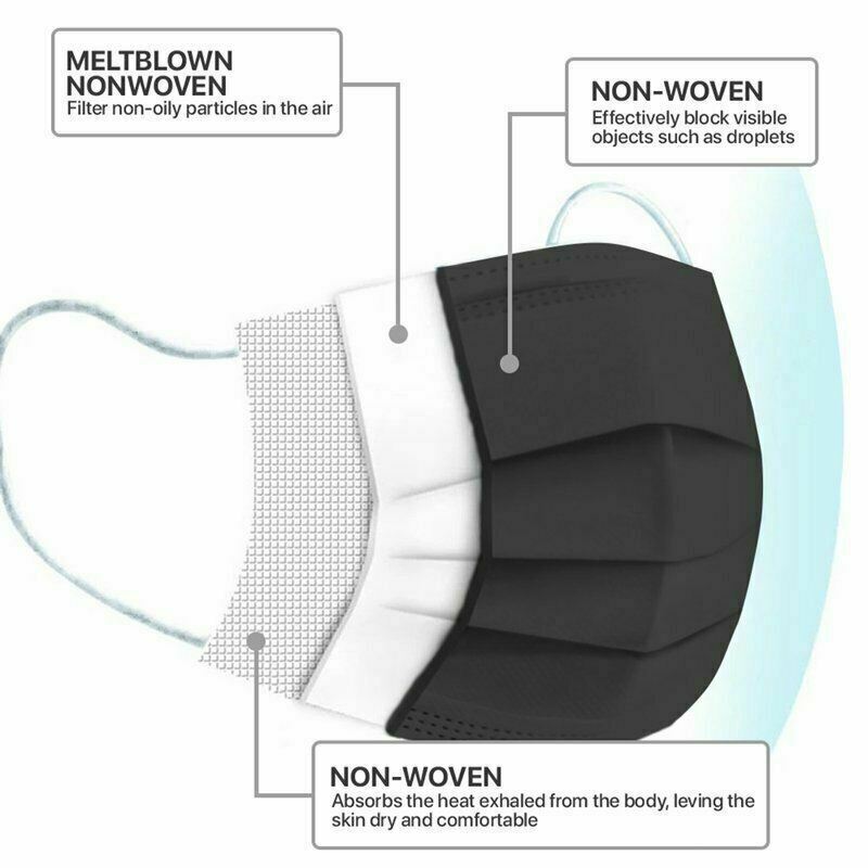 50 Kids Face Mask Disposable Children 3-Layers Soft Skin Protection Black