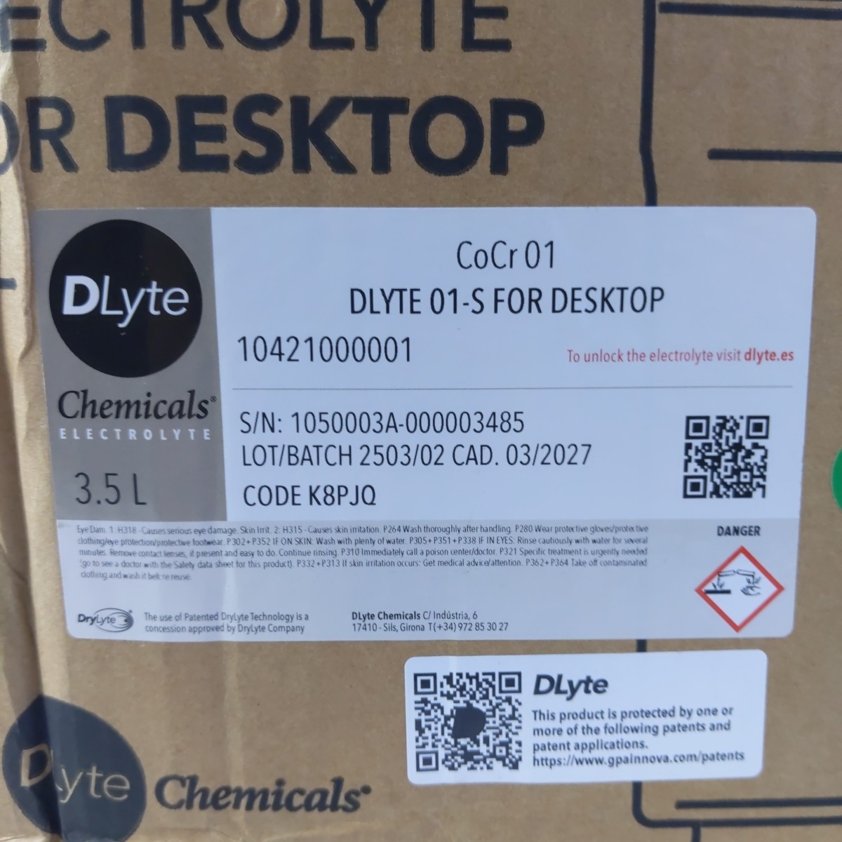 Electrolyte CoCr DLyte 01-S for Desktop machine (3.5L Tub) 10421000001
