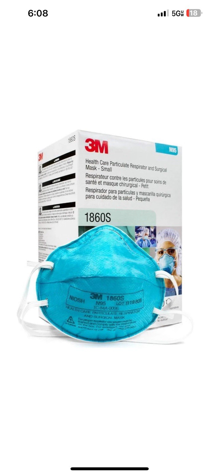 3M 1860S N95 Respirator Mask Case of 120 Small Size NIOSH, Surgical & Respirator