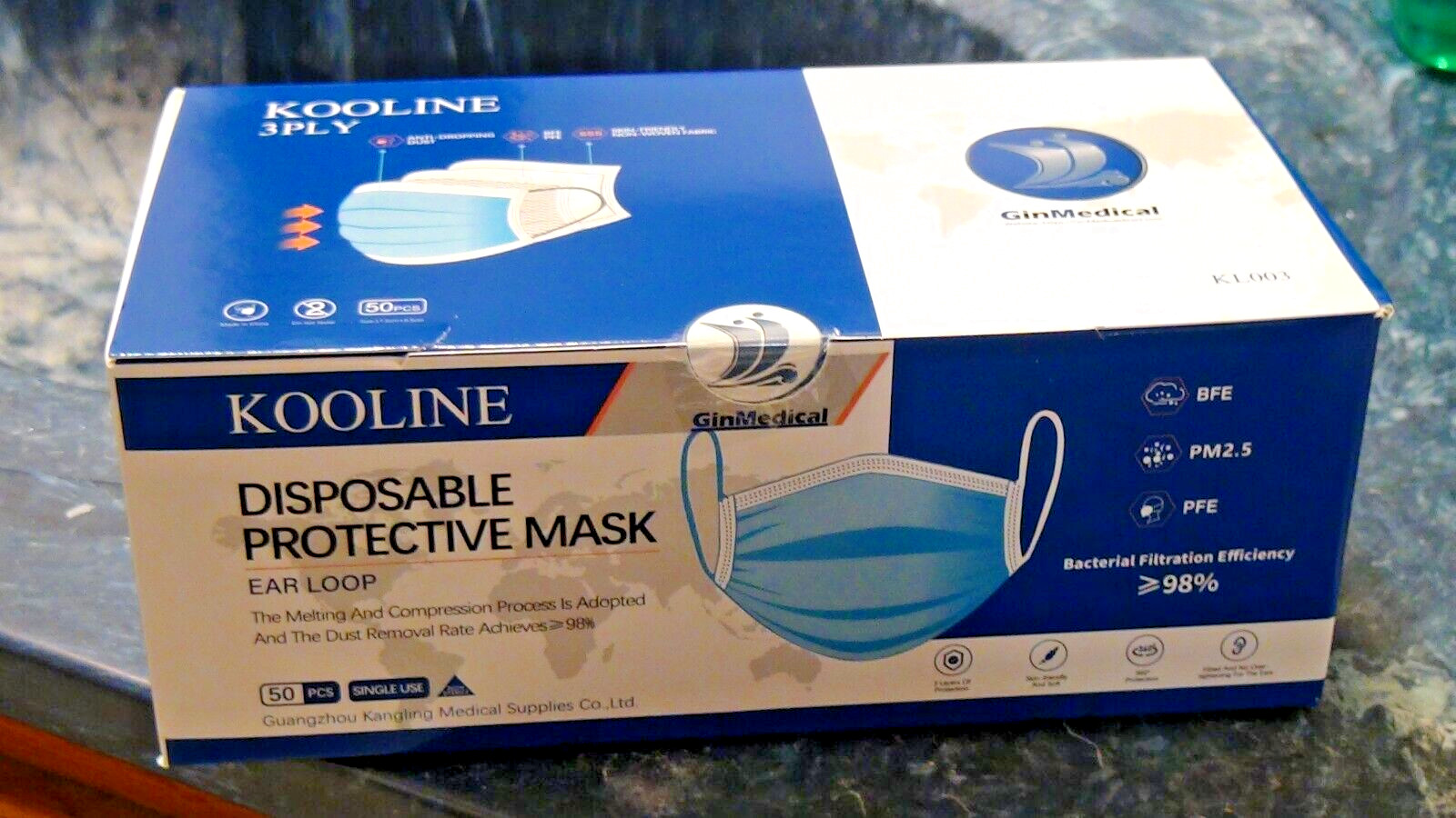 50 Pcs Sealed Disposable 3 Ply Medical Ear-Loop Face Masks ASTM L-1 Blue RFE 98%