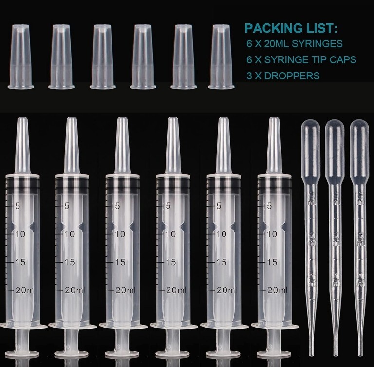 Plastic Syringes without Needle 20 ml with Dropper Lab Measuring Liquids Pet 6Pk