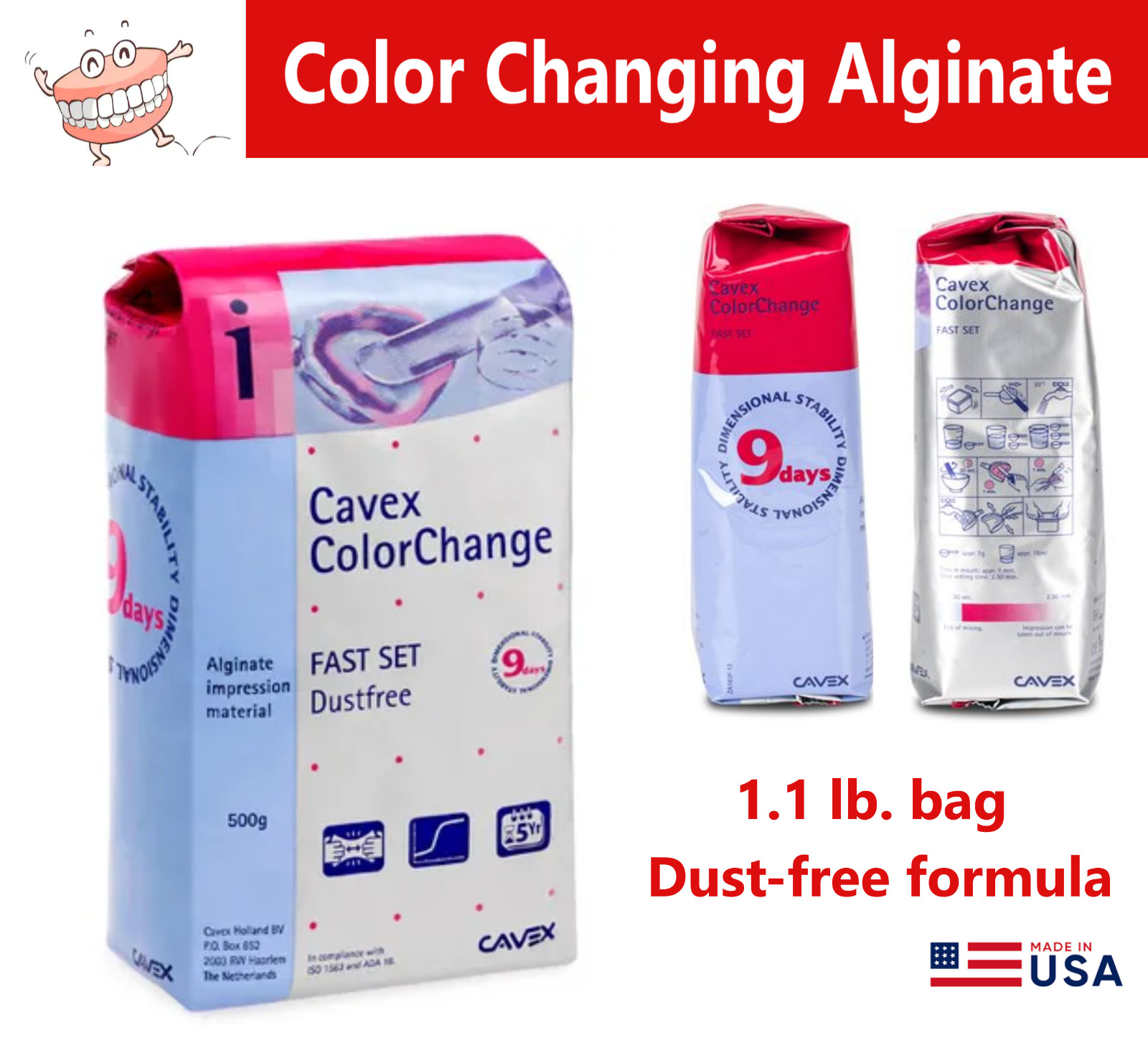 Dental Cavex Color Changing Alginate, 1.1 Lbs (500 Gr) Fast Set, Dustr Free, USA