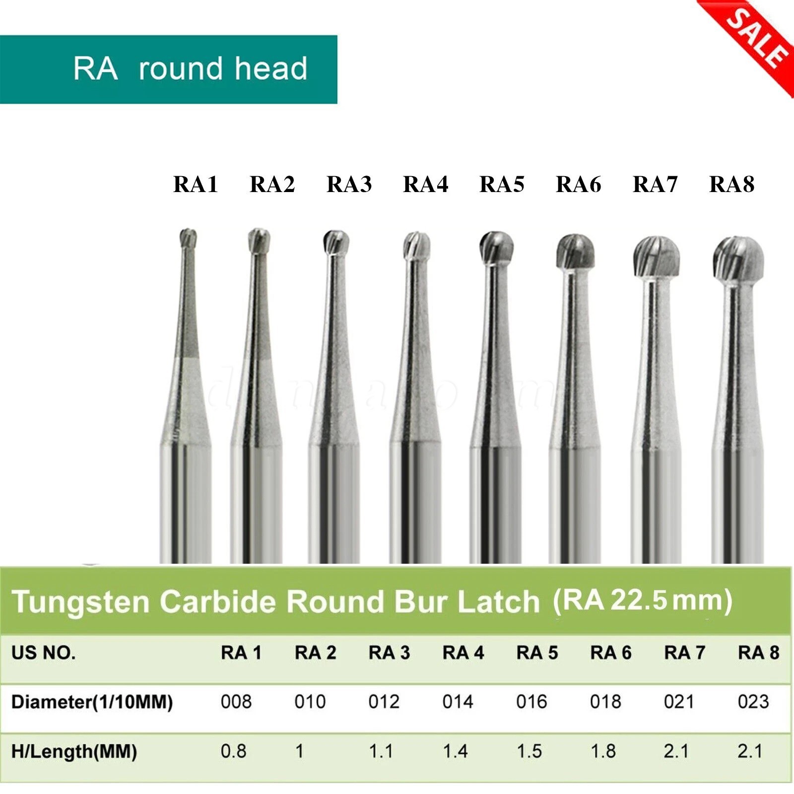 8 Types Dental Round Carbide Burs For Slow Speed Contra Angle Latch Type RA #1-8