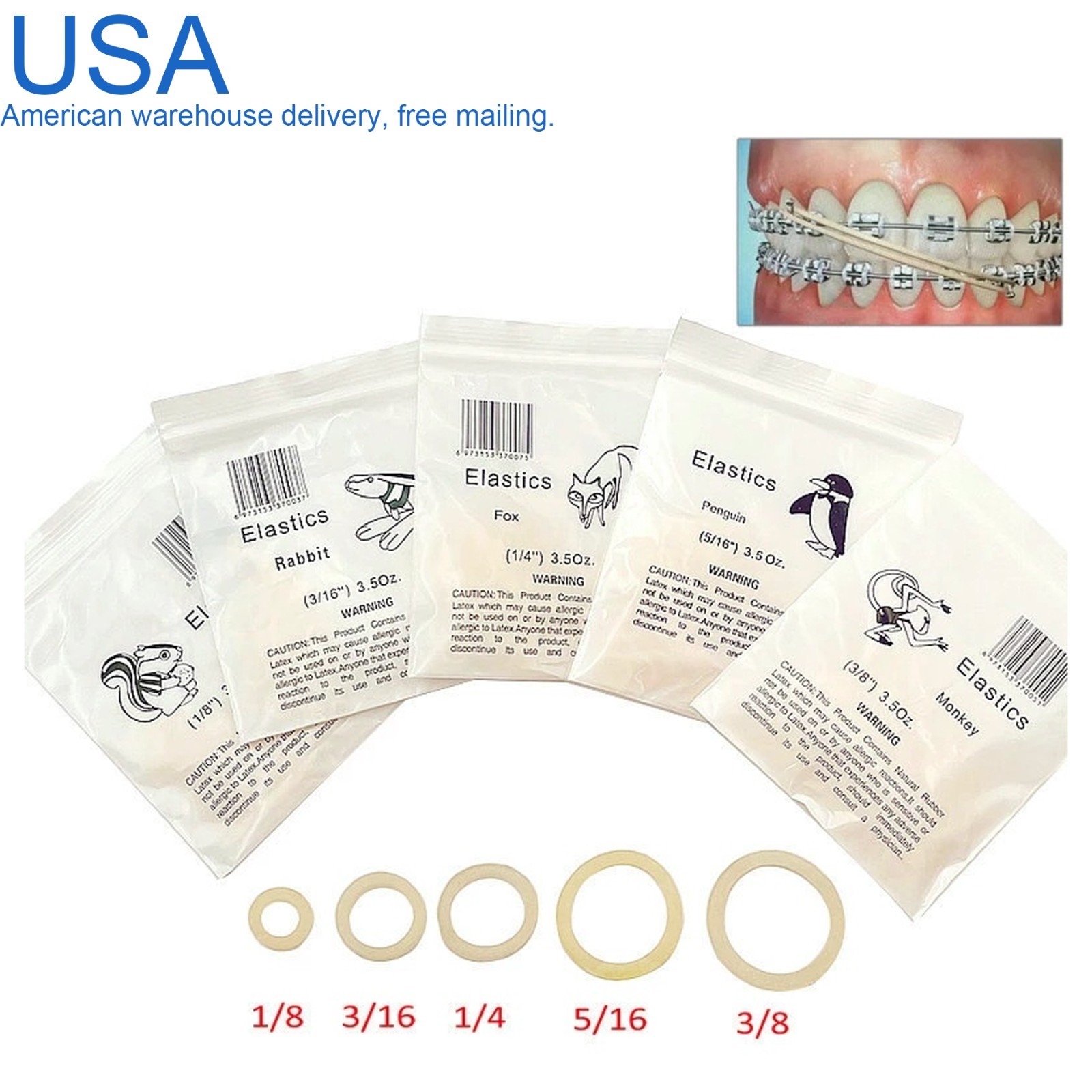 US 15Sizes Dental Orthodontic Rubber Bands Elastics Latex Braces 3.5/5.0/6.5 OZ