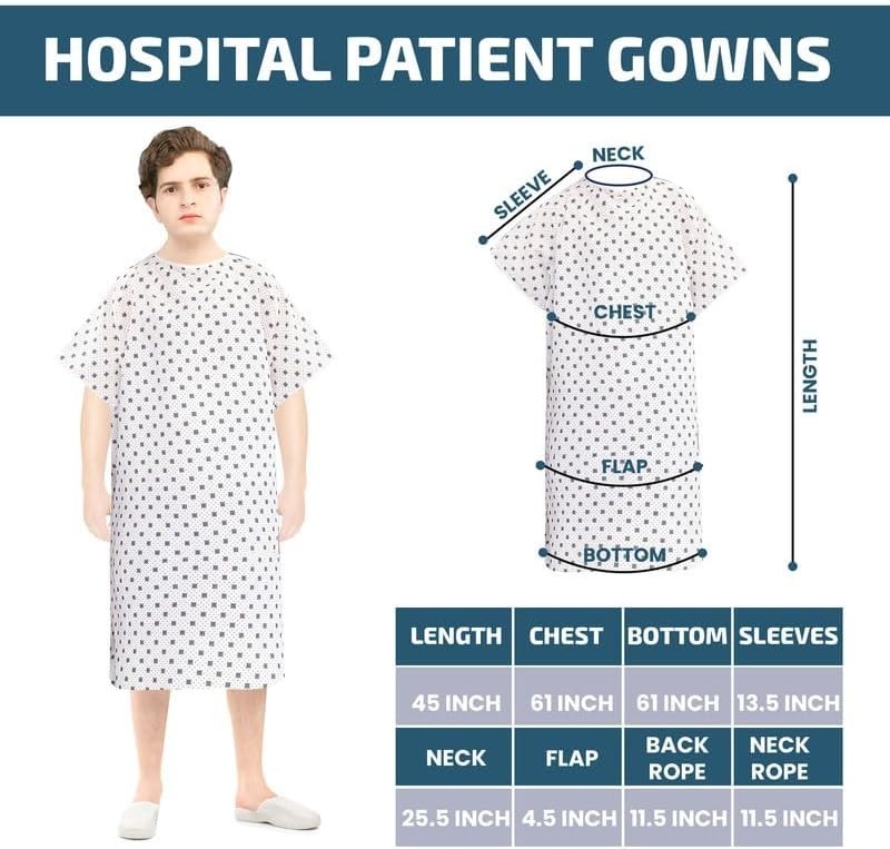Durable 3/4 Sleeve Unisex Hospital Gown – Machine Washable, Fits Up to 2XL
