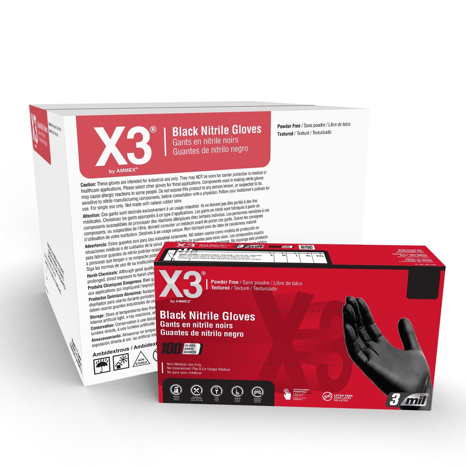X3 Black Nitrile Industrial Disposable Gloves 3 Mil, Latex Free, Food-Safe, 1000