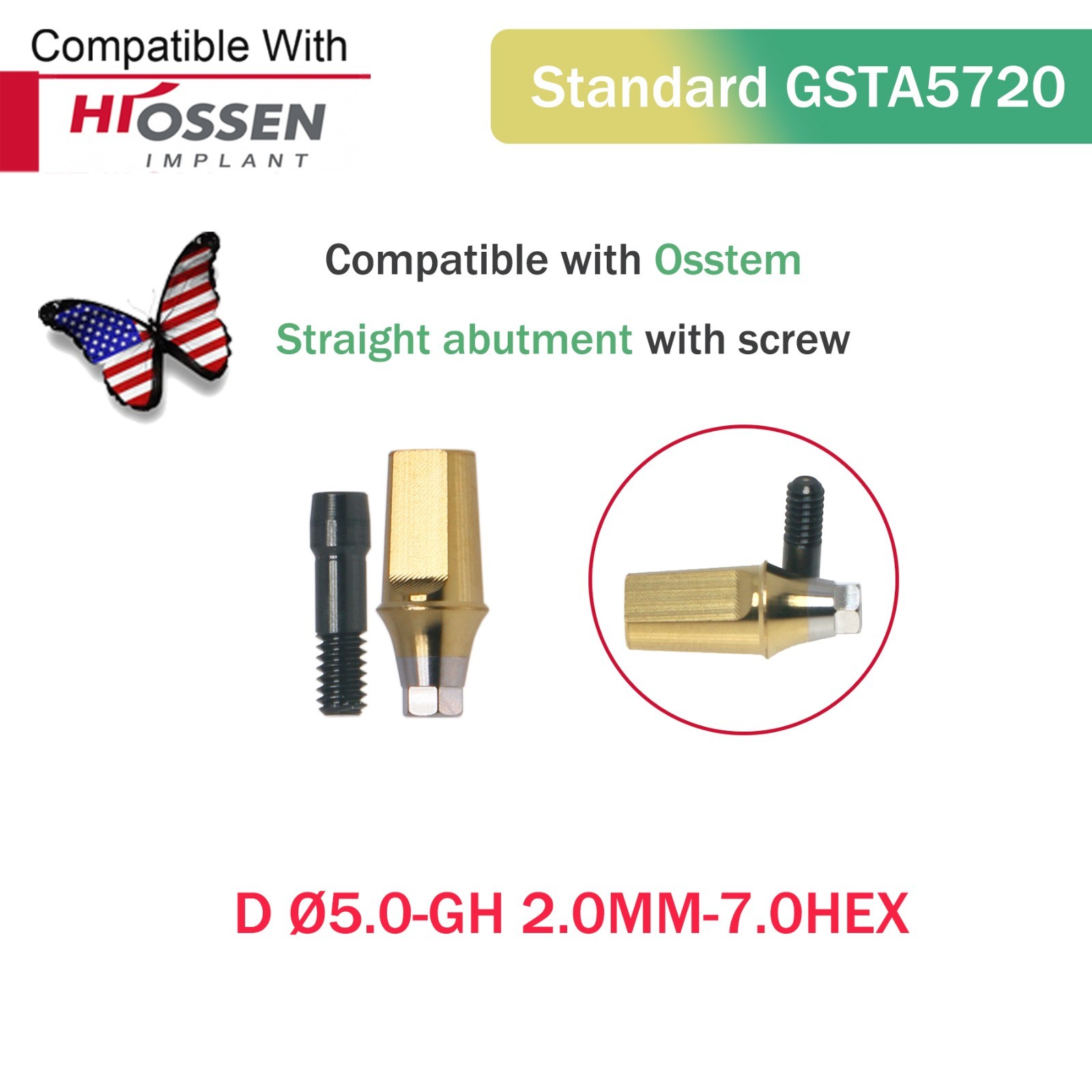 US Dental Mini/Regular Straight Transfer Hex Abutment – Fit Hiossen ET/Osstem TS