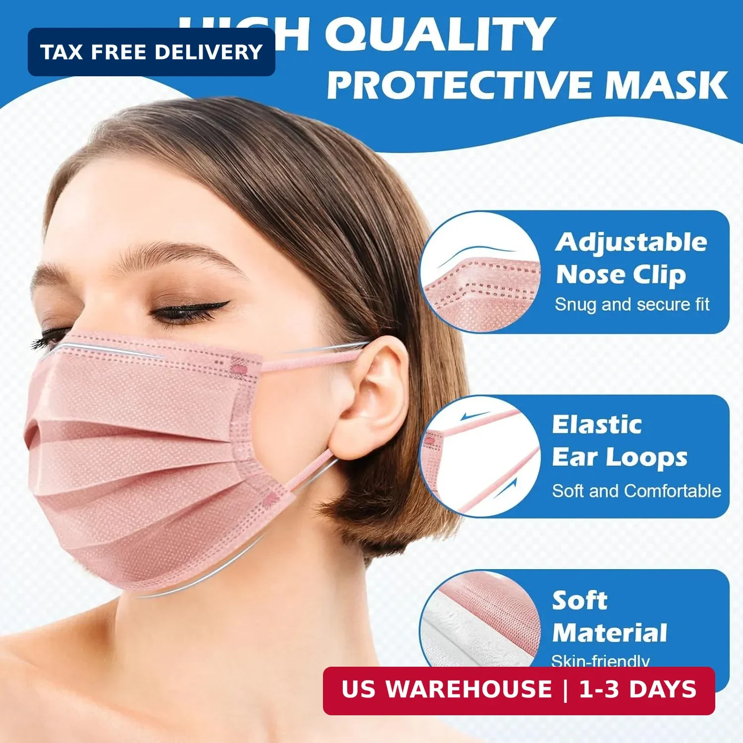 ZIYE 100/500 Pcs Disposable Face Masks, Breathable Mask 3 Layer with Nose Clip E