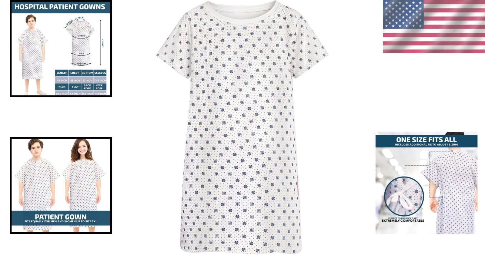 Durable 3/4 Sleeve Unisex Hospital Gown – Machine Washable, Fits Up to 2XL