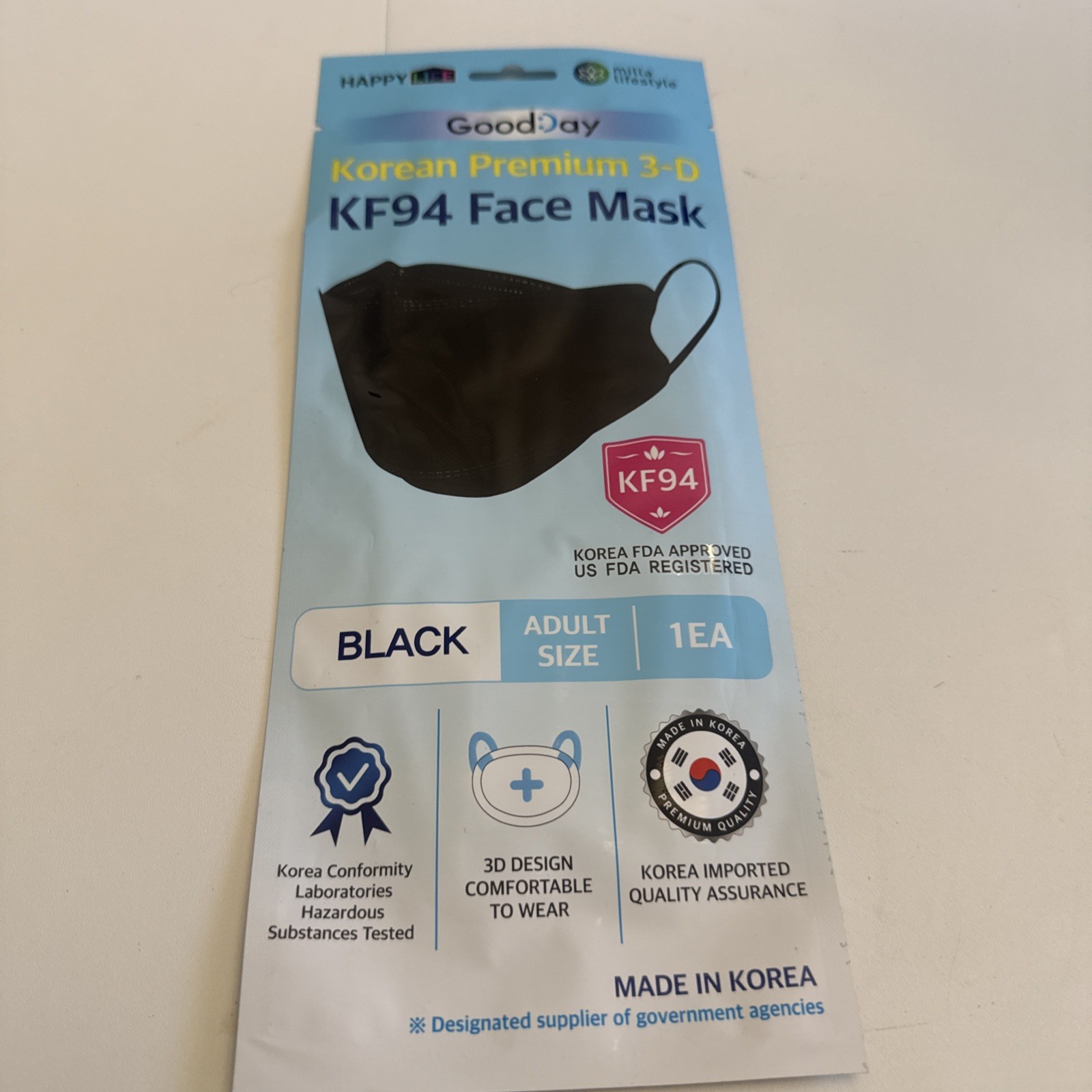 Happy Life Premium 3D Black KF94 Face Mask Good Day Individual Pack
