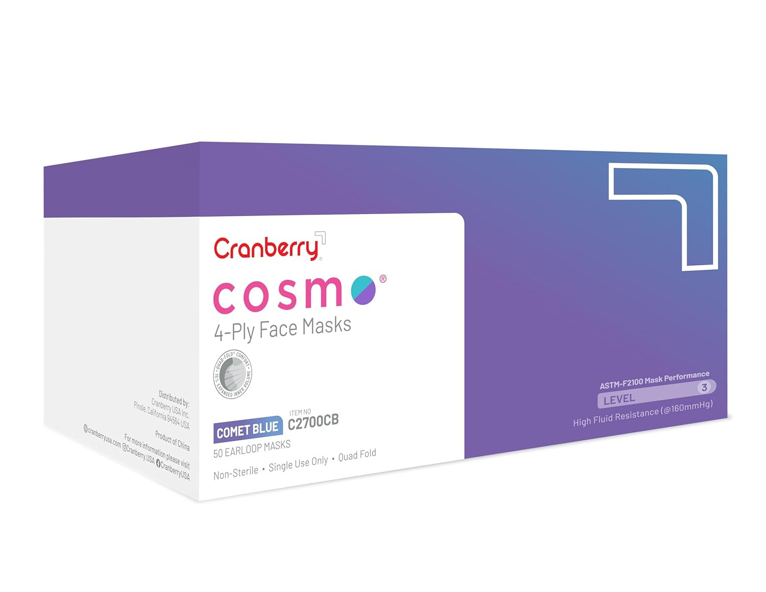 Cosmo Blue Face Masks, Disposable, 4-Ply, Elastic Earloops, Medical & Dental, Le