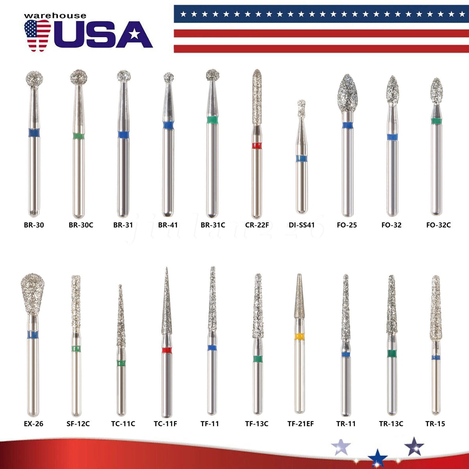 100pcs Dental Diamond Burs FG 1.6mm 20 Types for High Speed Handpiece Tubine