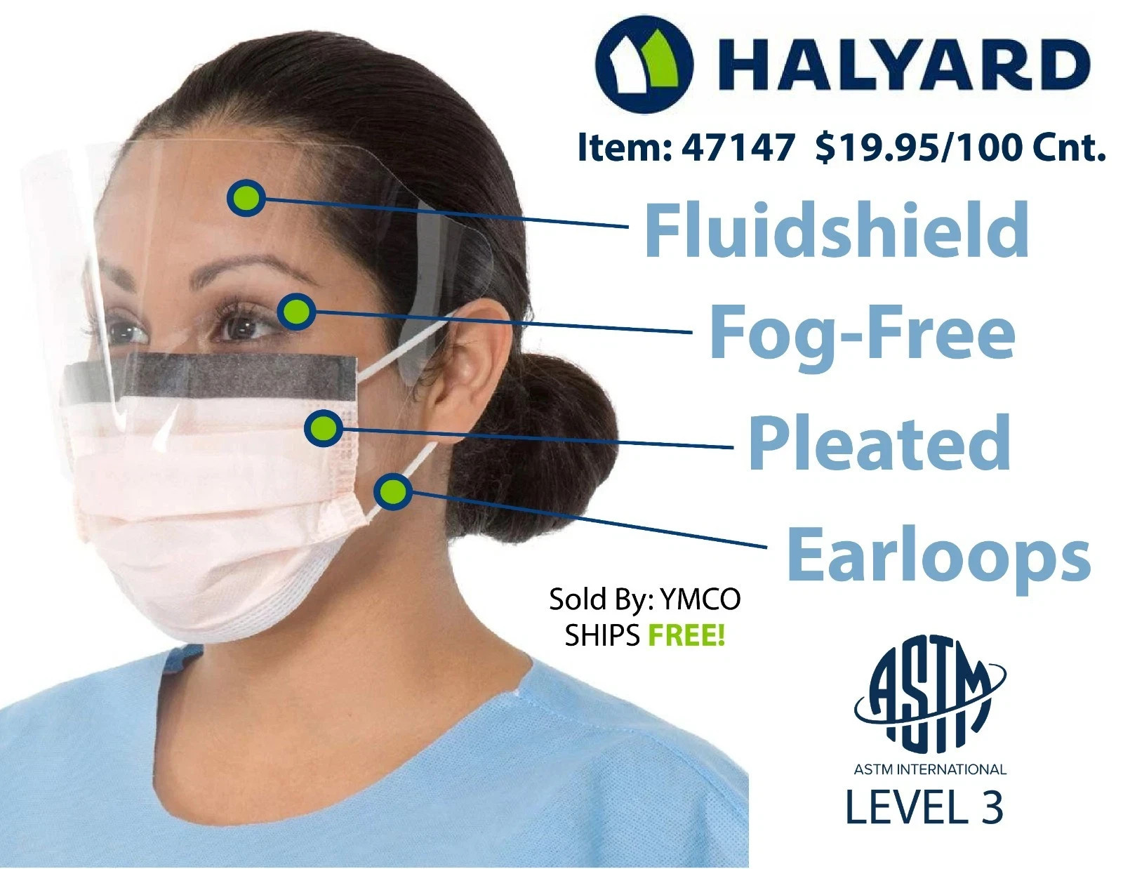 Halyard 47147 Fog-Free FluidShield ASTM Level 3 Procedure Mask Earloops 50-Piece