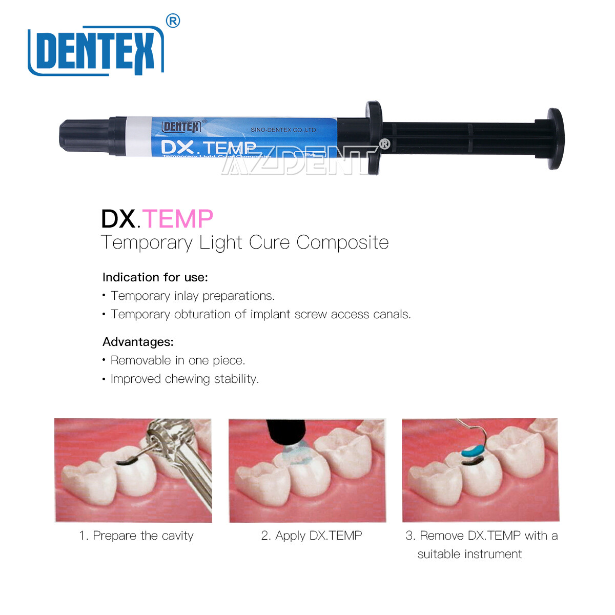DENTEX Dental Temporary Flow Light Cure Filling Composite Resin 2.5g 5 Tips