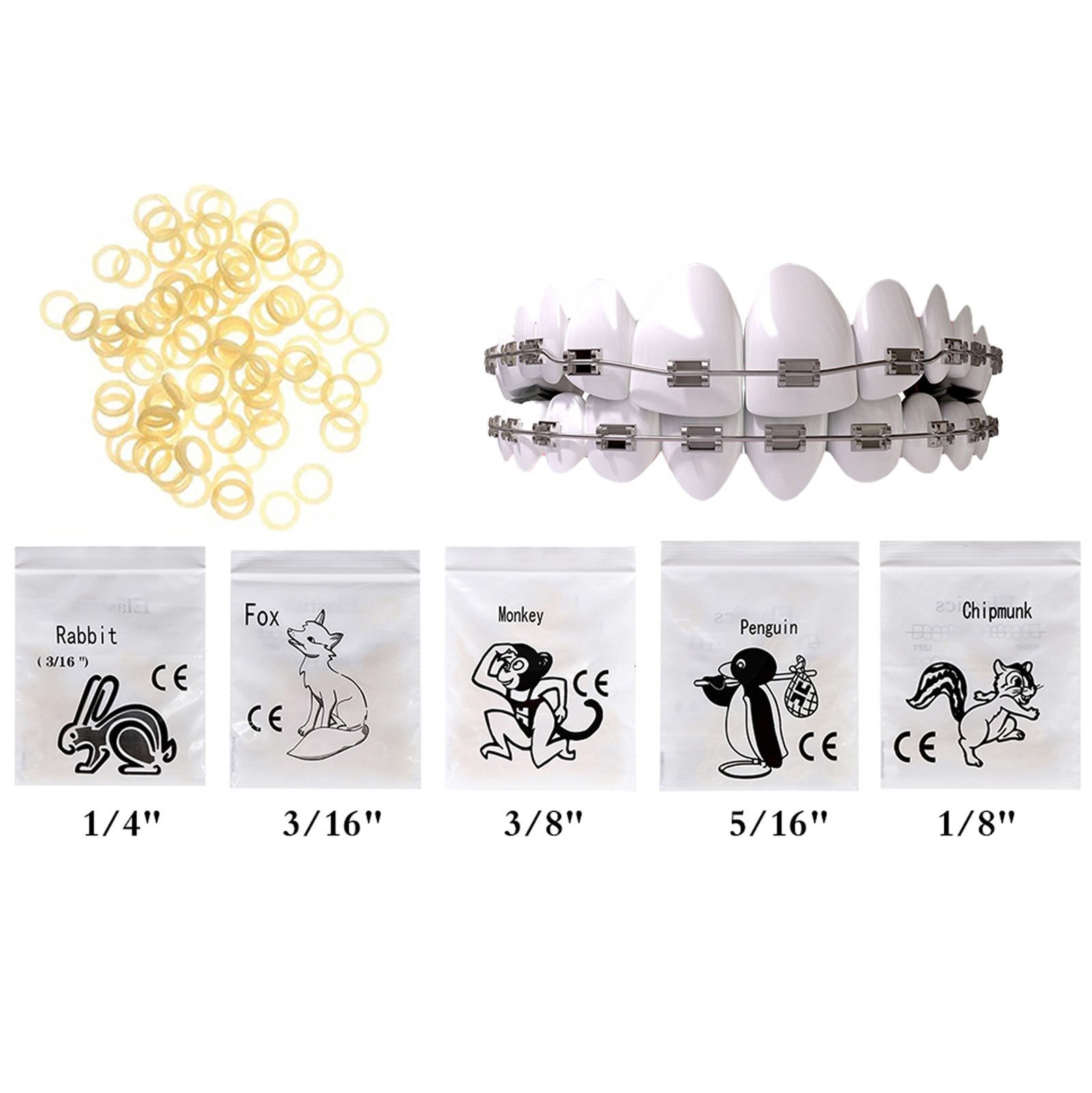 Dental Ortho Elastic Rubber Bands 3.5/5.0/6.5 OZ Zoo Pack Latex Braces