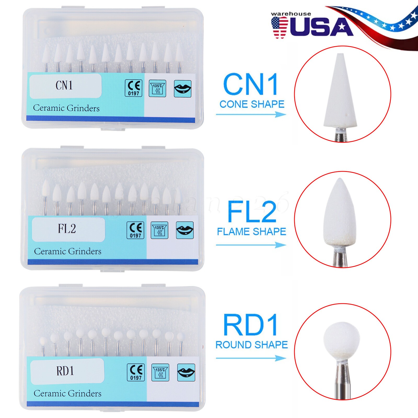SANDENT Dental Flame Mounted White Stone Polishing Burs FG Abrasion Point Bur