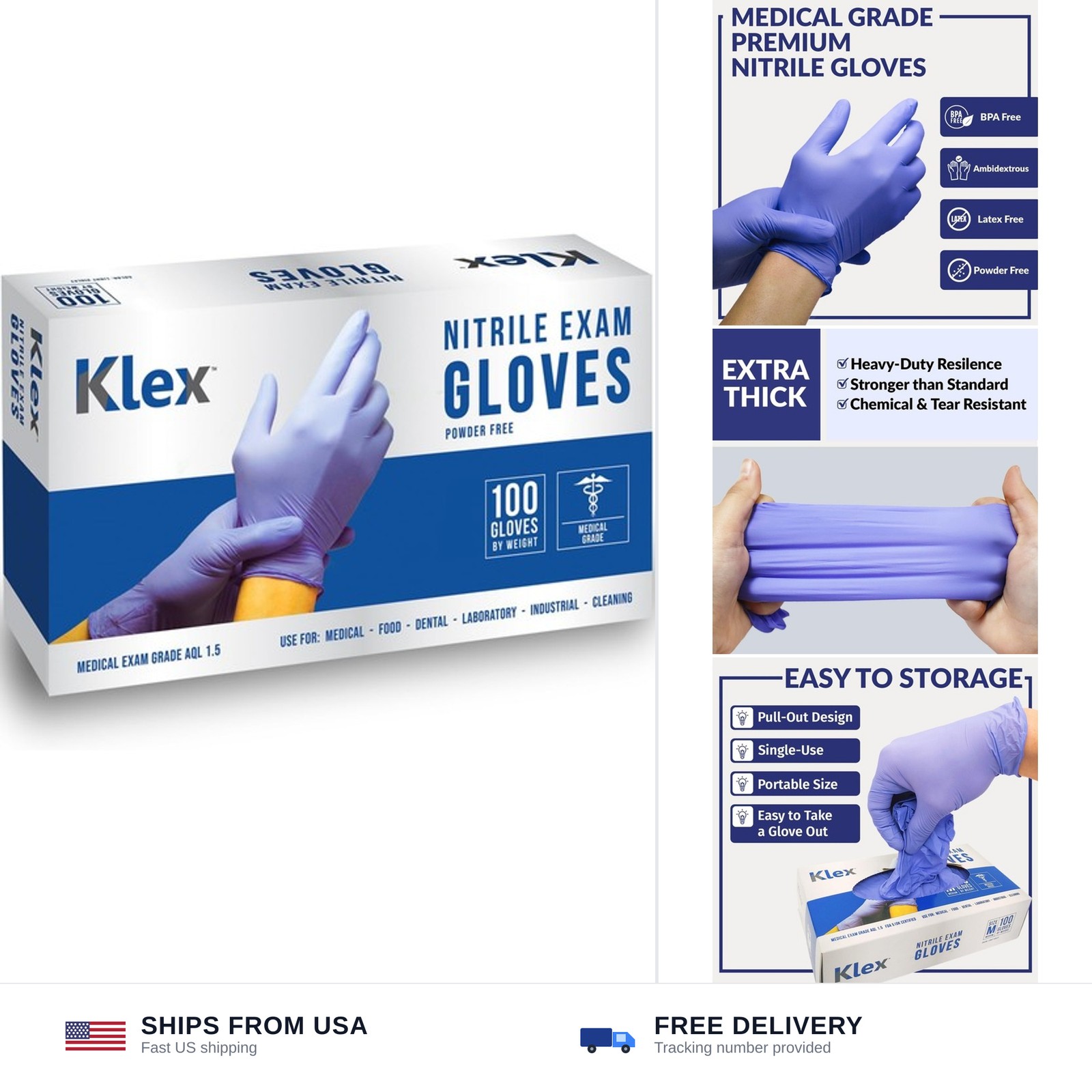Klex Nitrile Exam Gloves – Medical Grade, Powder Free, Rubber Latex Free, Foo…