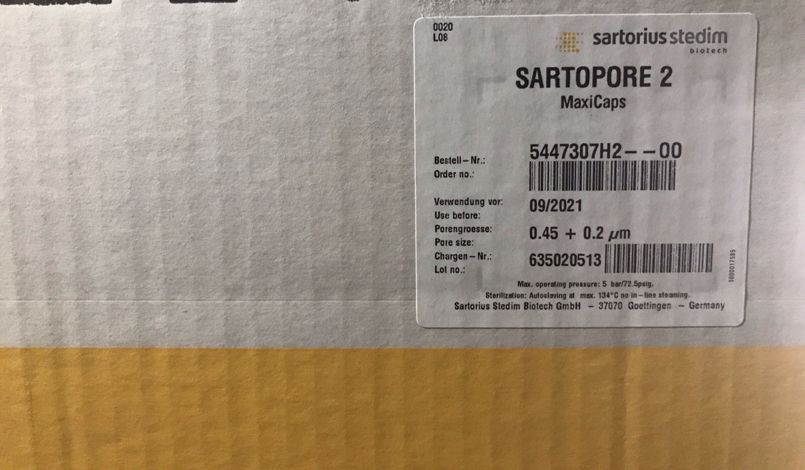 Sartorius Sartopore 2 MaxiCaps 0.45 + 0.2 µm 20″ Filter 5447307H2–00 NOS
