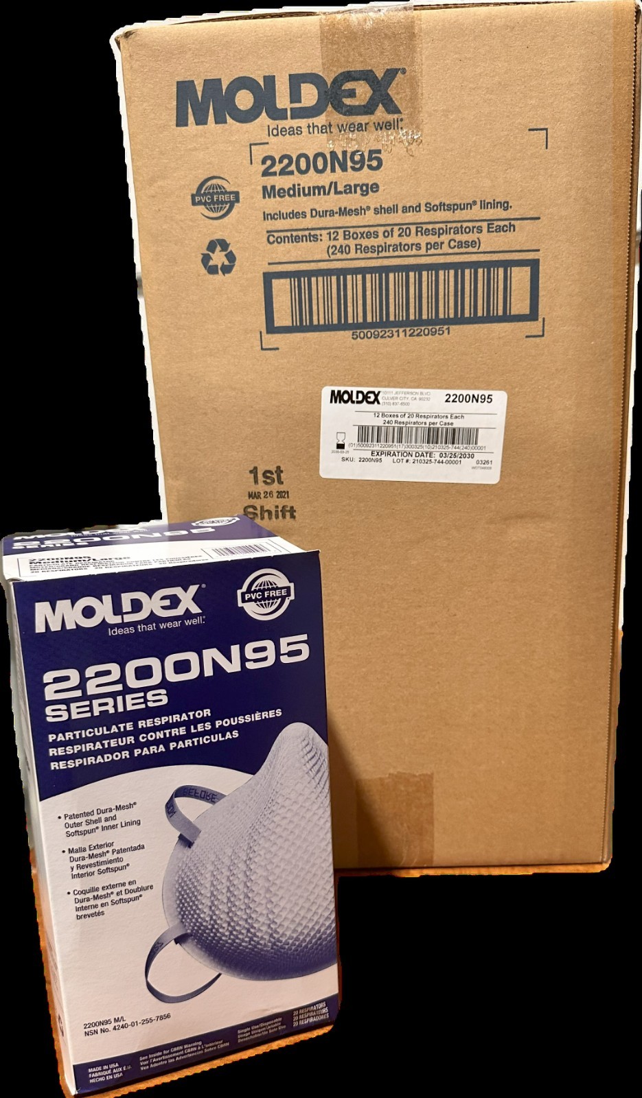 Moldex 2200 N95 Particulate Respirator MD/LG Dust Particle Masks BX of 20 Masks