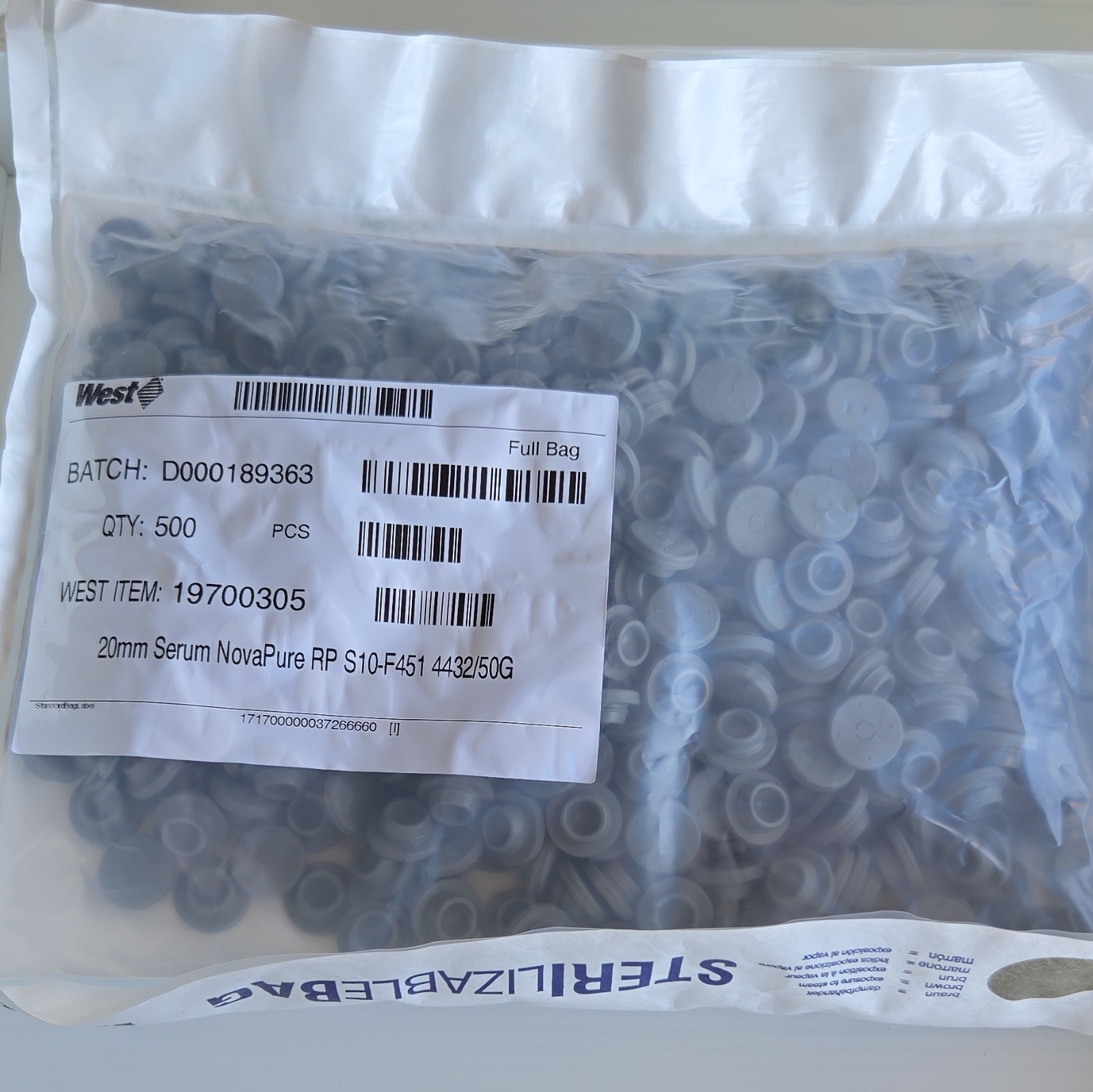West 20mm Serum NovaPure RP S10-F451 Stoppers MPN 19700305, 500 pcs