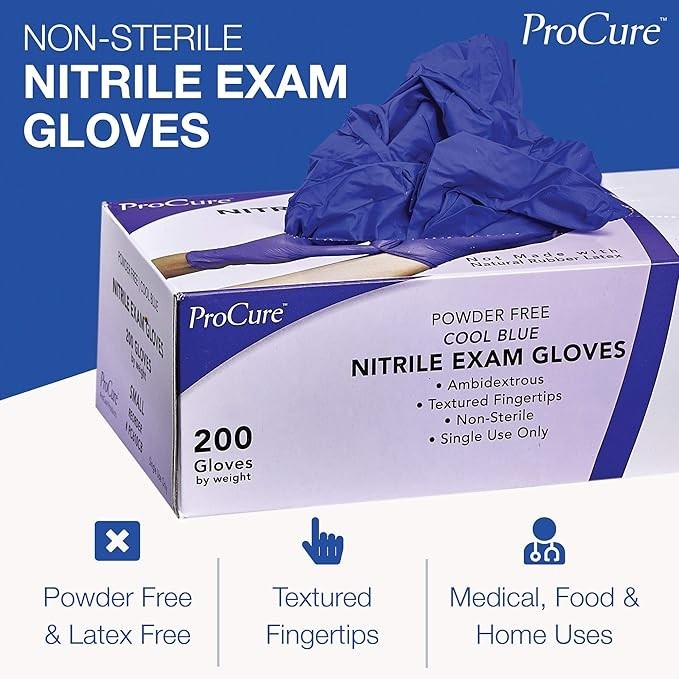 ProCure Disposable Nitrile Gloves, 200 Count, Powder Free, Rubber Latex Free, XL