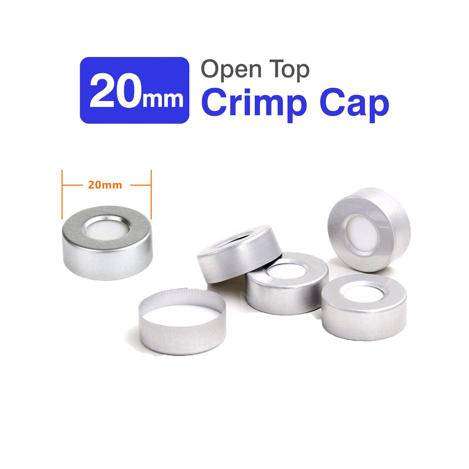 20mm Crimp Top Aluminum Cap+PTFE/Silicone Septa Fit 6mL/10mL/20mL Vials GC,HPLC