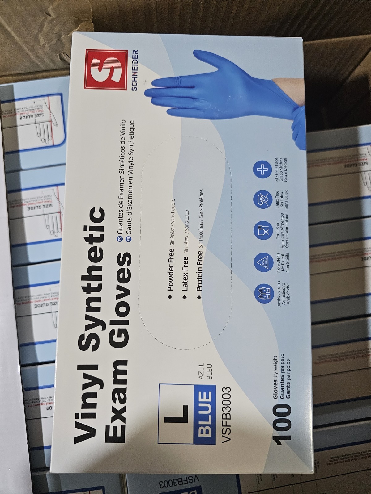 1000 Schneider Blue Vinyl Synthetic Exam Gloves Large VSFB3003 10 Boxes
