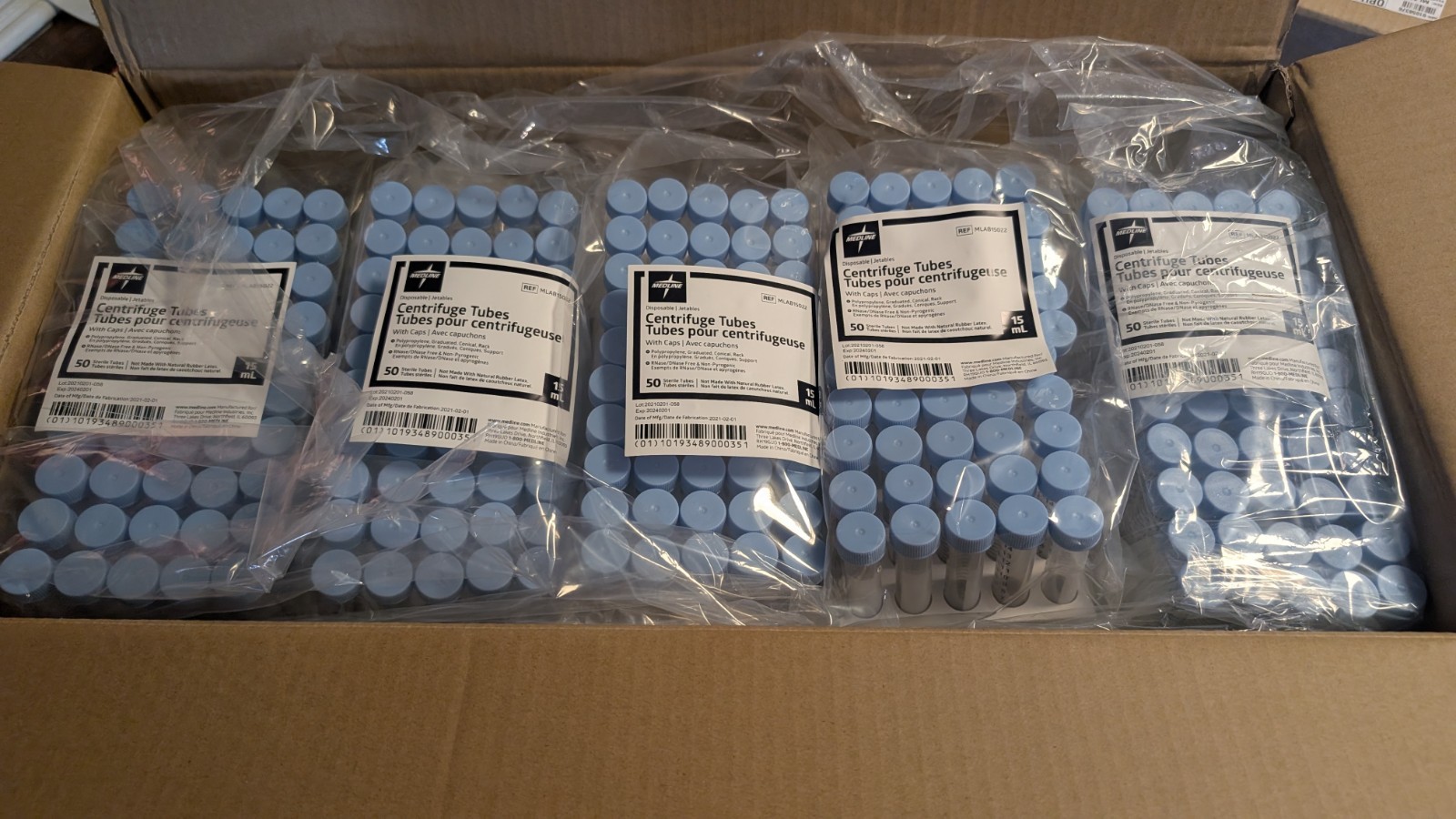 500pc Medline Centrifuge Tubes 15mL Clear In Rack With Caps (8)