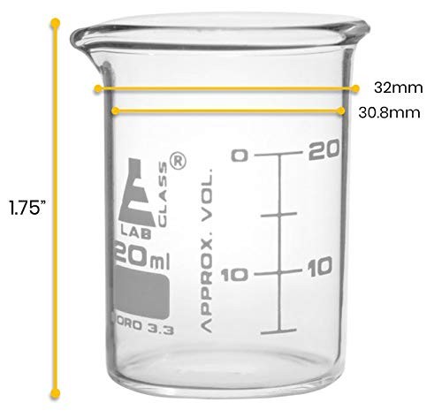 Eisco Labs 20ml Low Form Beakers, ASTM – Borosilicate Glass – 12 Pack