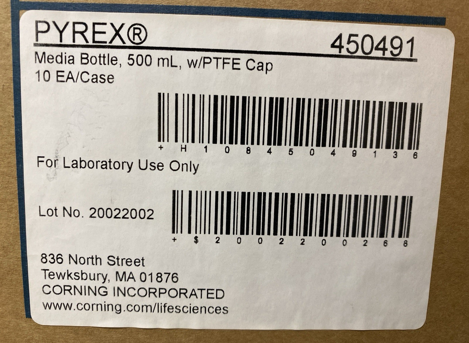 Corning PYREX 500mL Media Bottle 450491 White GL45 Threaded Cap PTFE Liner