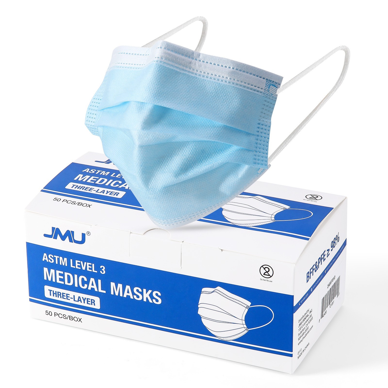 JMU Disposable Medical Face Masks, 4-Ply ASTM Level 3 Ear-Loop Face Masks 50pcs