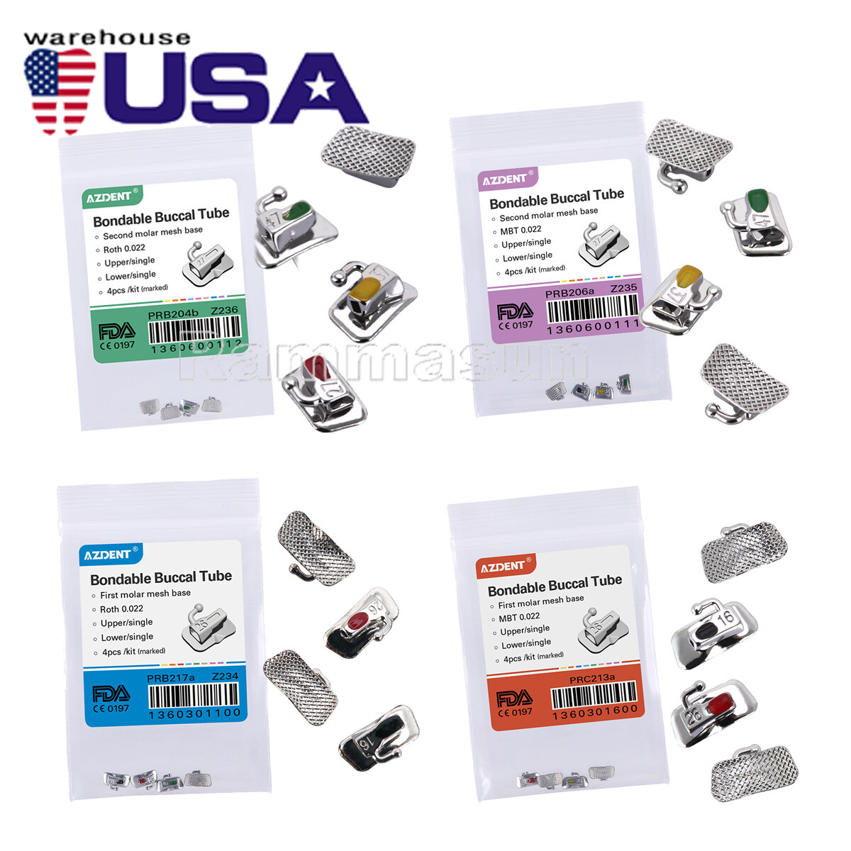 Dental Orthodontic Bondable Buccal Tubes MBT Roth 022 1st Molar Non-Conv AZDENT