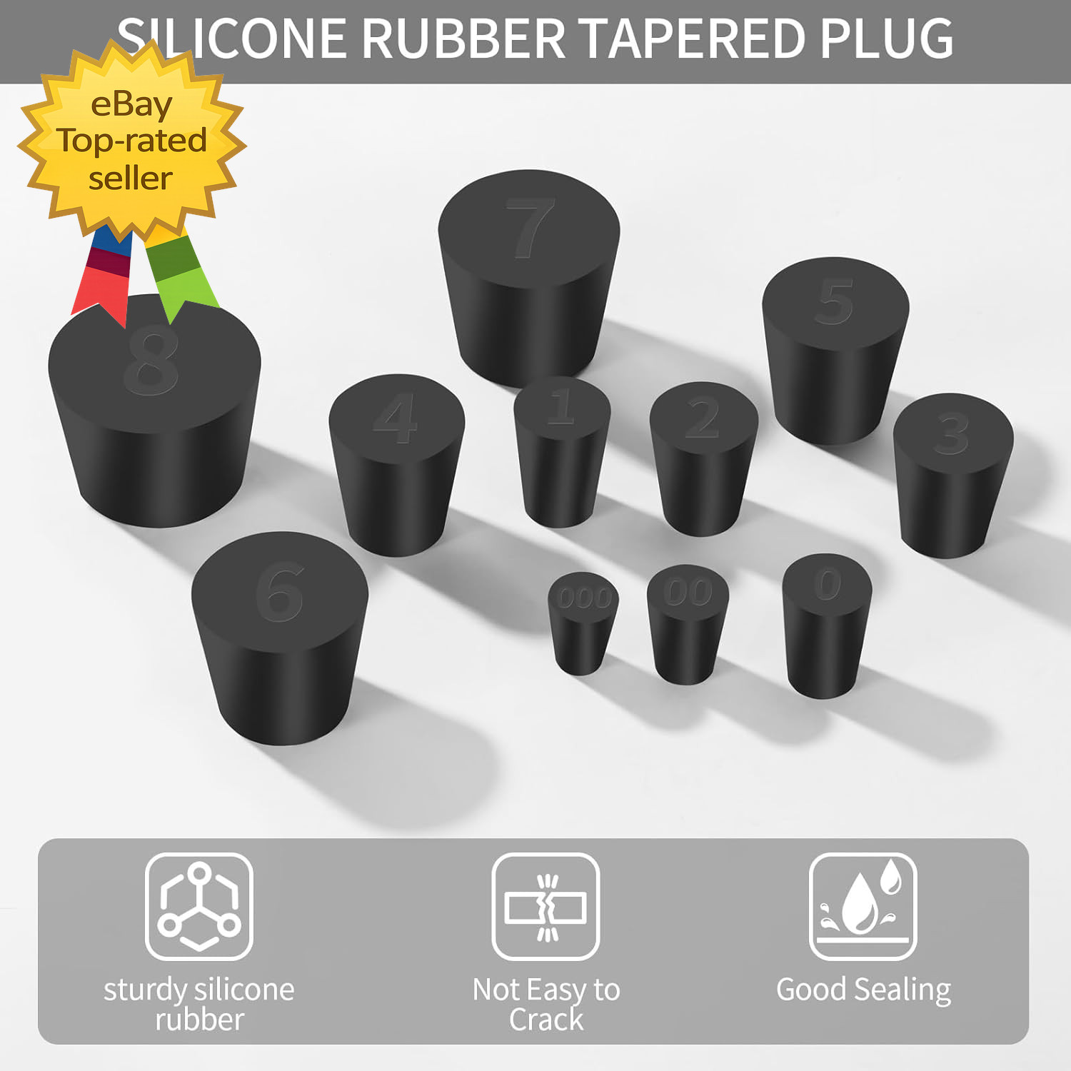 26 Pack Solid Rubber Stoppers – 11 Assorted Sizes Stopper Plugs, 000# – 8# Sizes