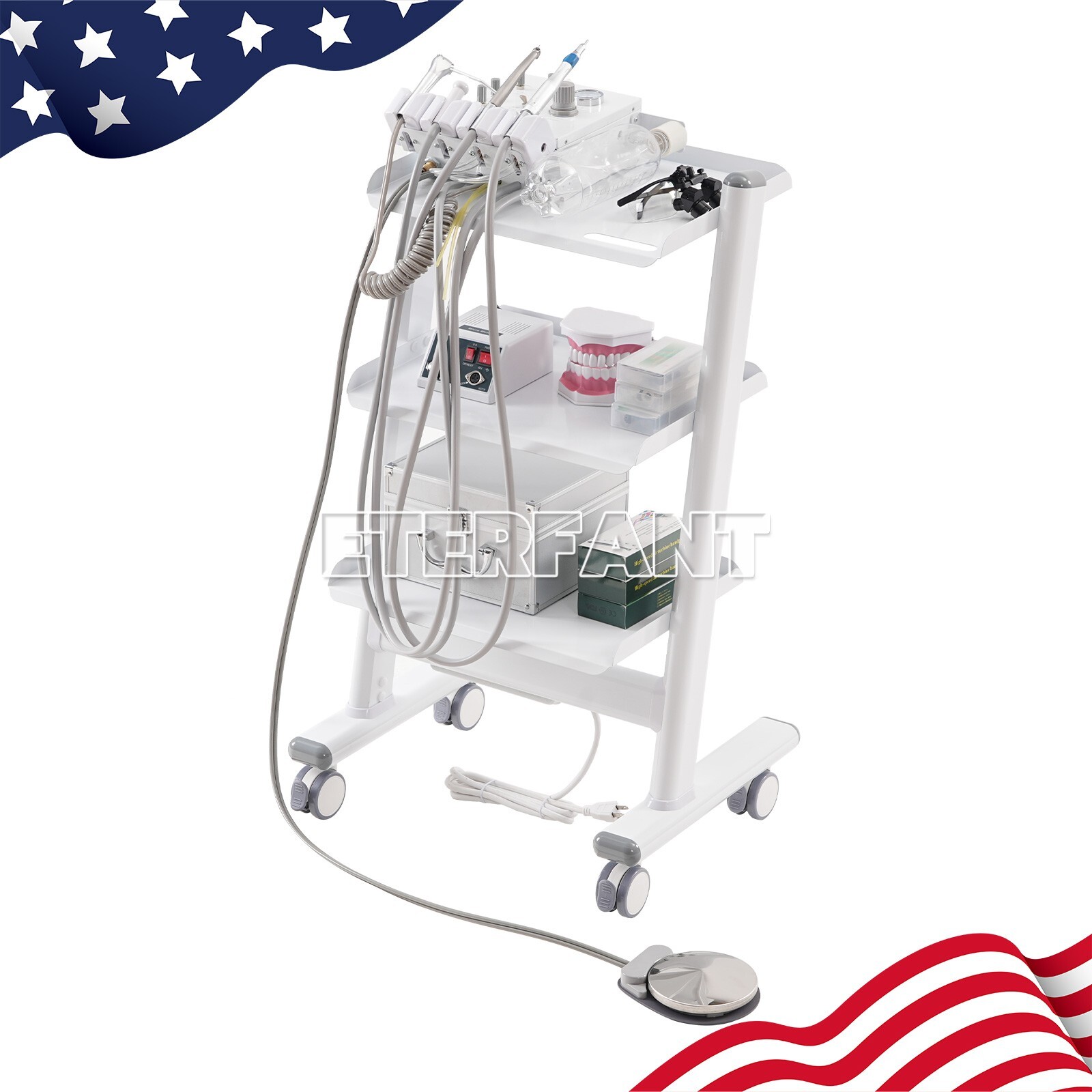 ETERFANT 3-Layer Dental Medical Trolley Stainless Steel Lab Mobile Rolling Cart