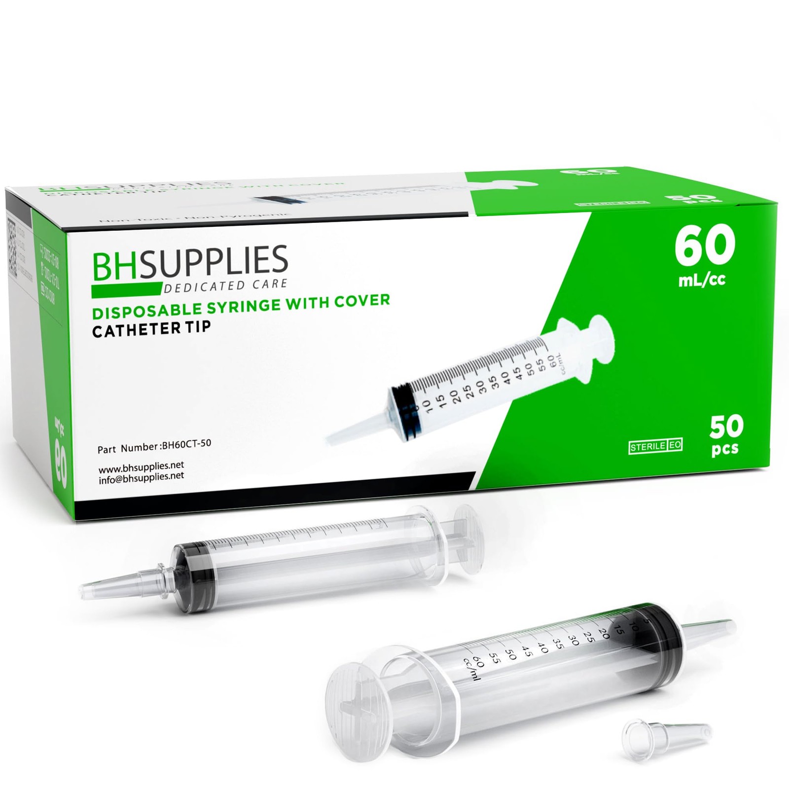 BH Supplies 60Ml Syringe Catheter Tip Sterile with Caps – (No Needle) – Sterile,